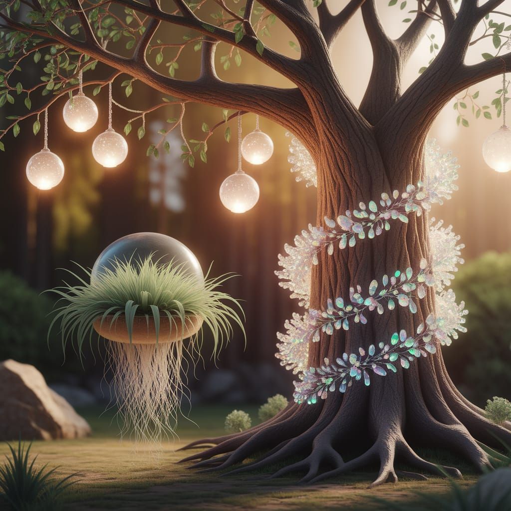 Enchanted Tree Blooms with Crystal Vines and Iridescent Flow...