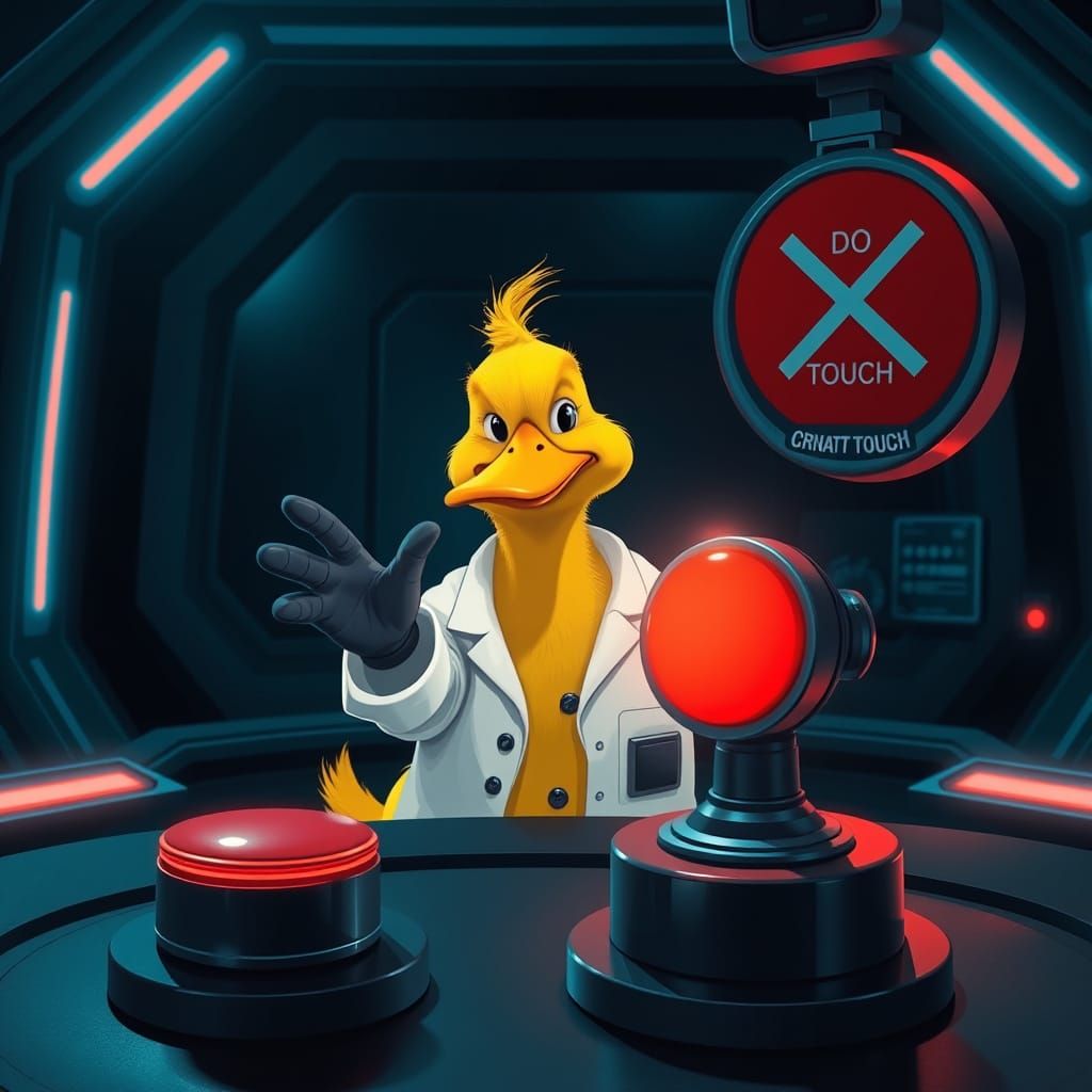 Curious Duck in Futuristic Control Room