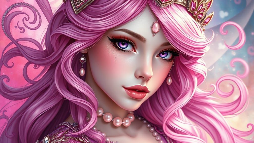 Fantasy Princess with Pink Hair in Stained-Glass Style