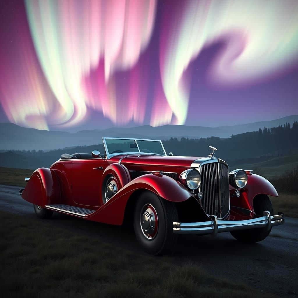Duesenberg Shimmers Under Aurora Borealis in Art Deco Style