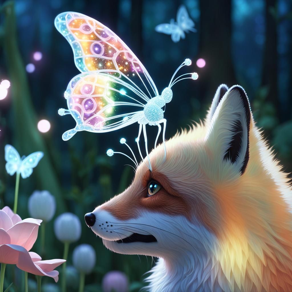 Crystal Butterfly Touches Fox's Nose in Enchanted Garden