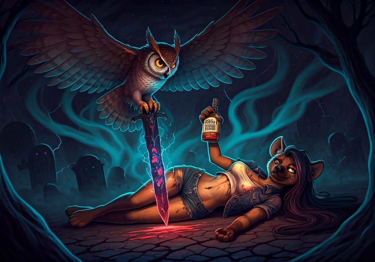 Majestic Owl Clutches Sword and Whiskey, Guardians of the Ni...