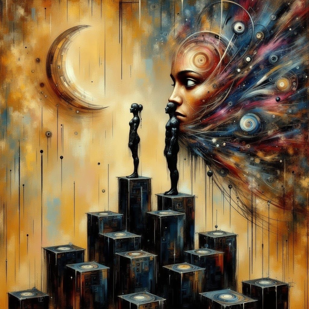 Surrealist Faces in Minimalist Geometric Landscape