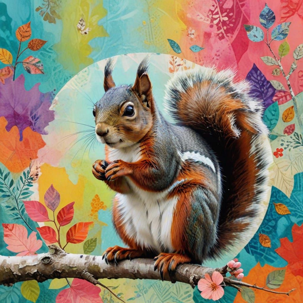 Whimsical Squirrel amidst Vibrant Collage
