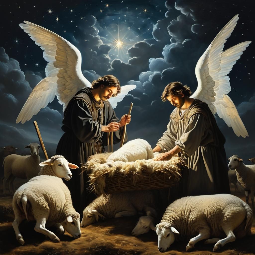 Celestial Angel Inspires Shepherds Under Baroque Night Sky