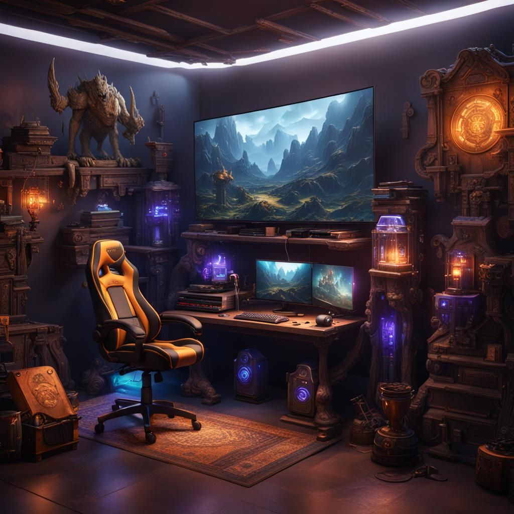 Epic Gaming Oasis in Vibrant Fantasy Colors