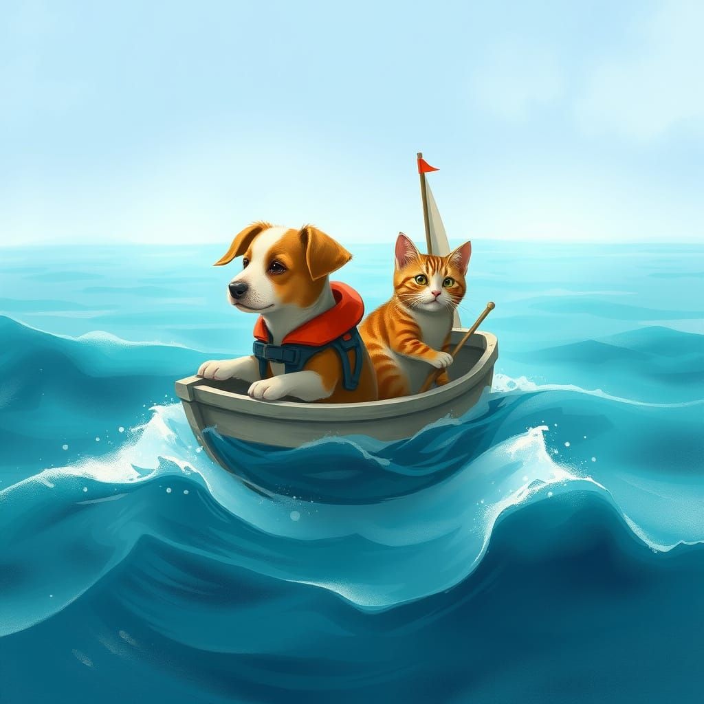 Dog and Cat's Sea Adventure in Beatrix Potter Style