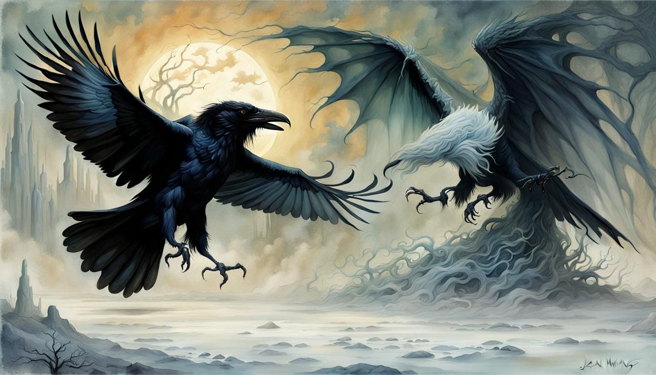 Surreal Black Raven Torments Ethereal White Dragon