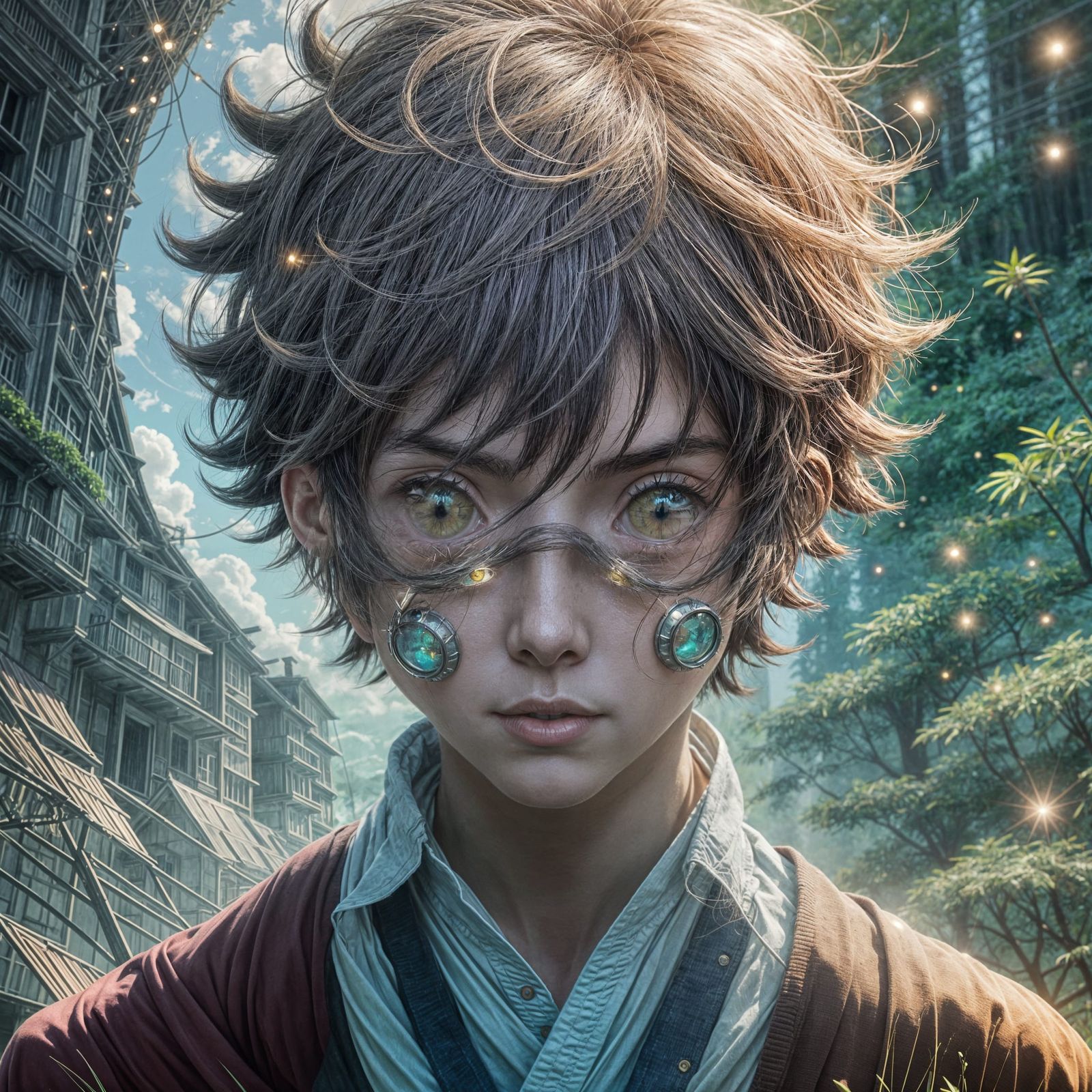 Anime Boy with Six Eyes in Vibrant Retro Style