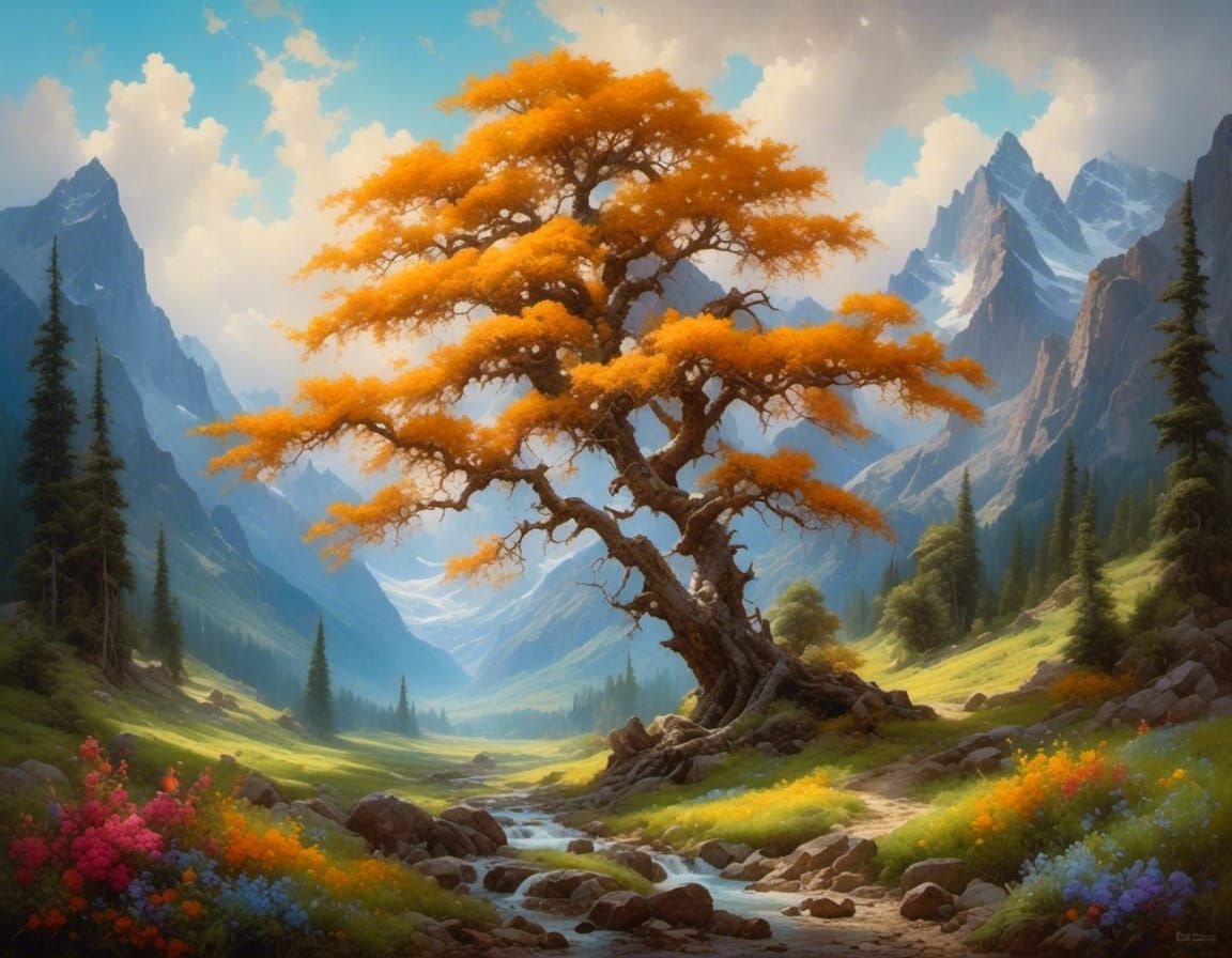 Wildflower Meadow with Birch Trees in Gouache Style