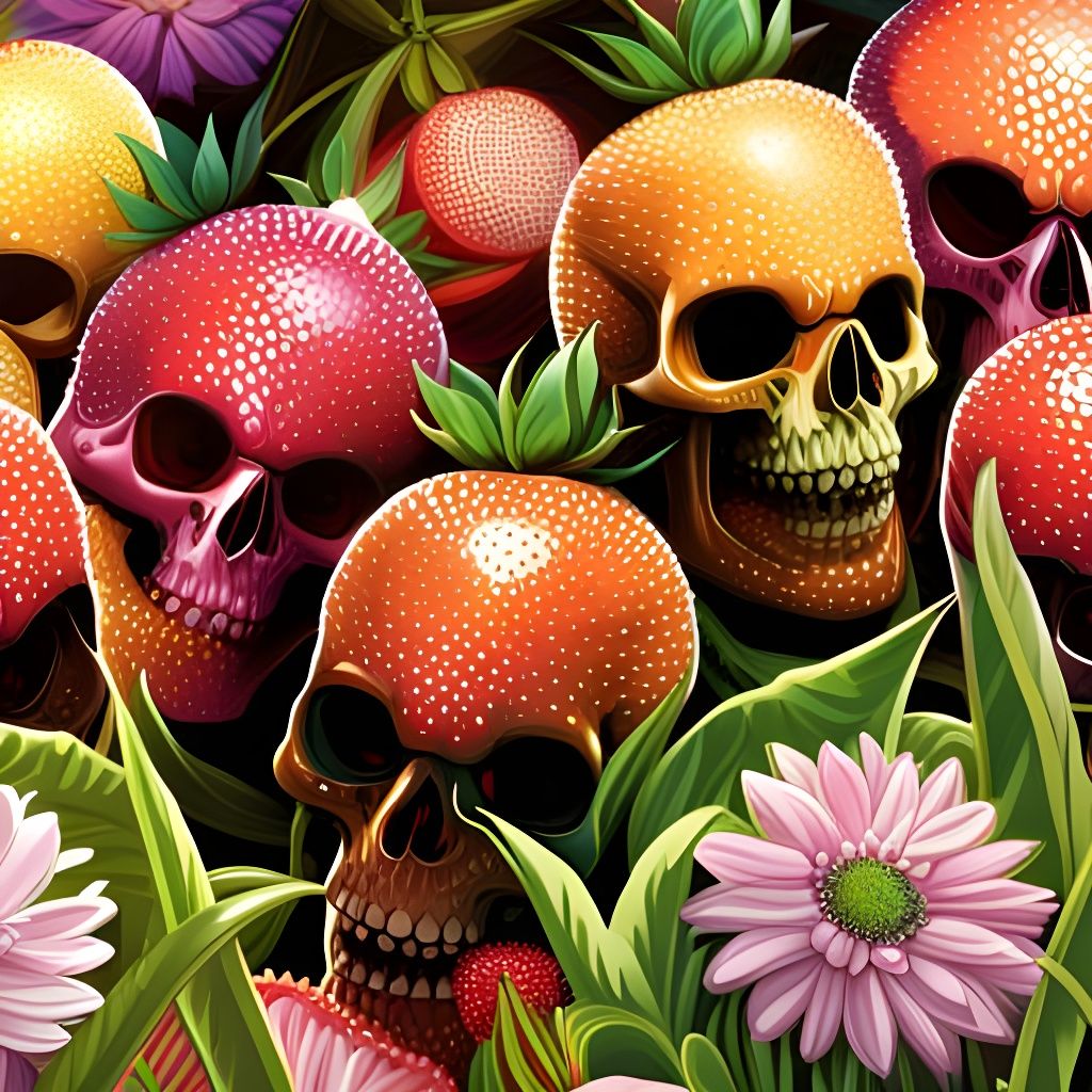 Surreal Strawberry Skull Silhouette in a Meadow