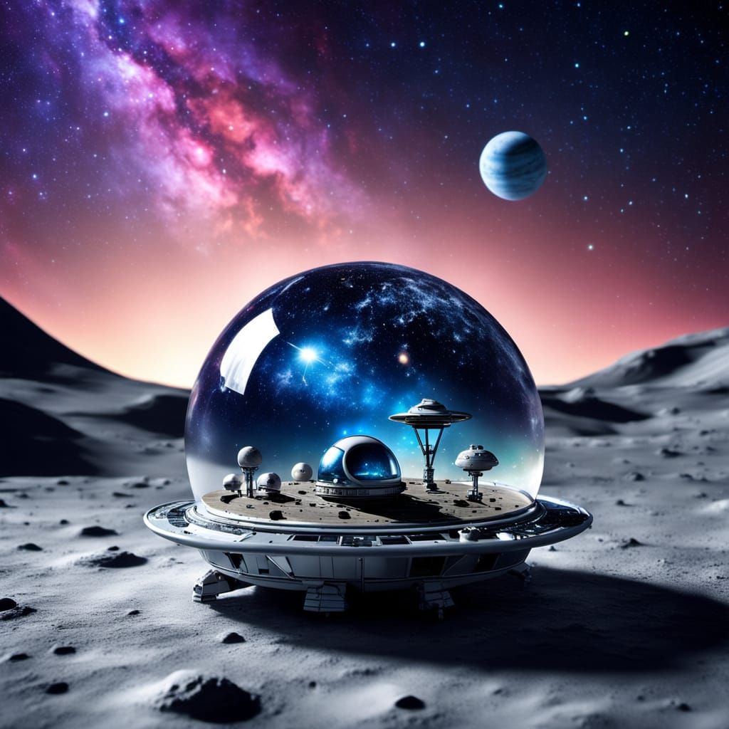 Hyperrealistic Alien Spaceship with Chibi Mouse on the Moon