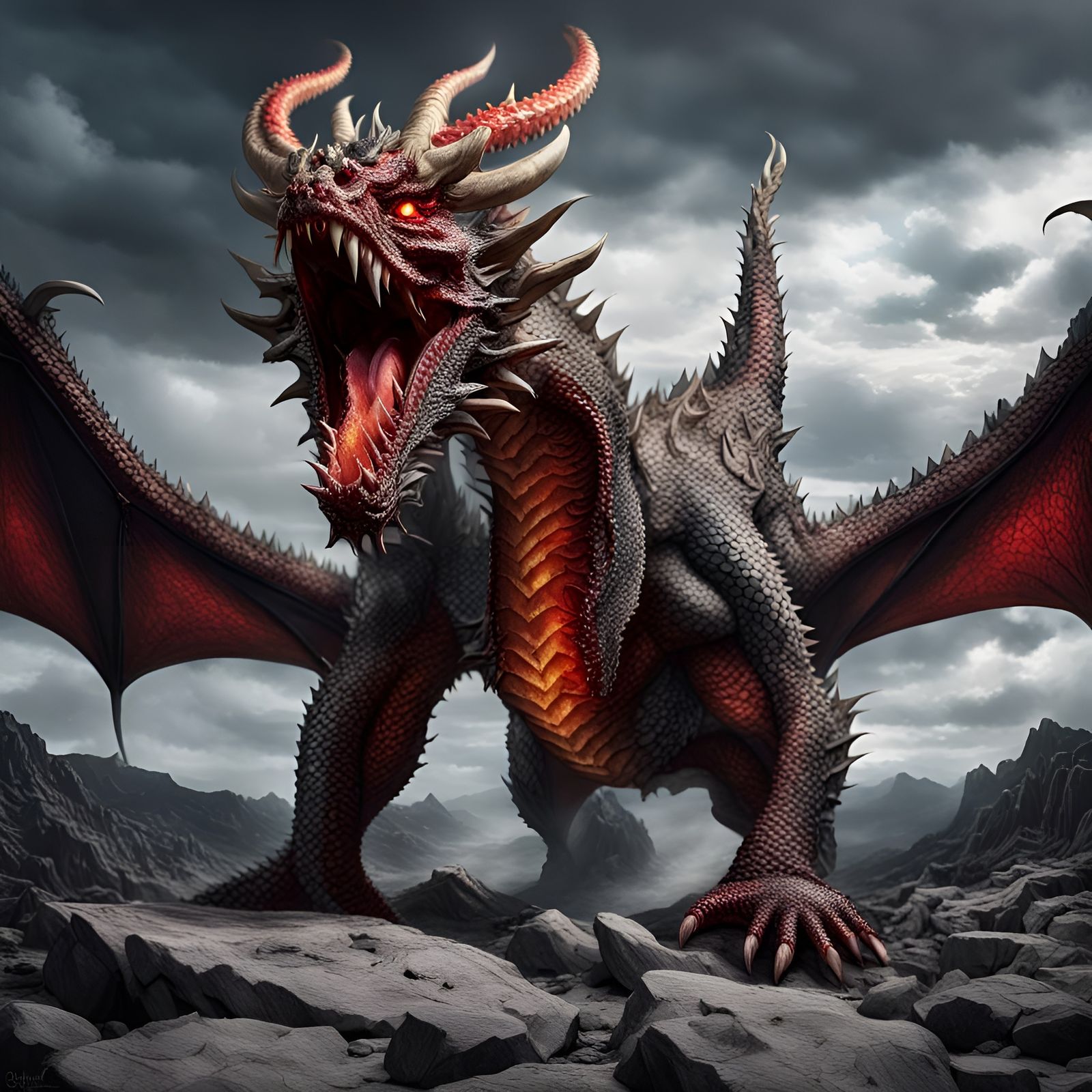 Fierce Dragon Stands Tall in Rocky Landscape, Radiating Inte...