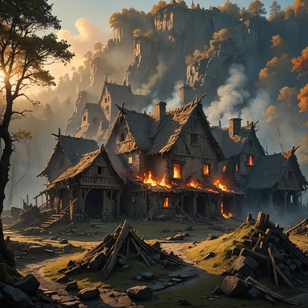 Medieval Fantasy Village Under Siege at Golden Hour