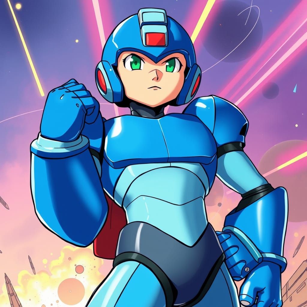 Mega Man Heroic Pose in Futuristic Style