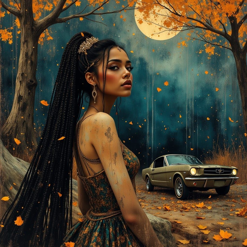 Steampunk Model Beside Mustang in Haunted Autumn Forest