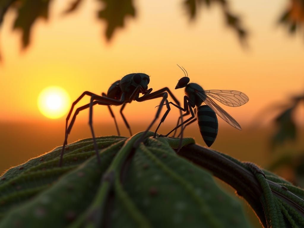 Pixar-Style Spider and Fly Watch Sunset on Oak Leaf