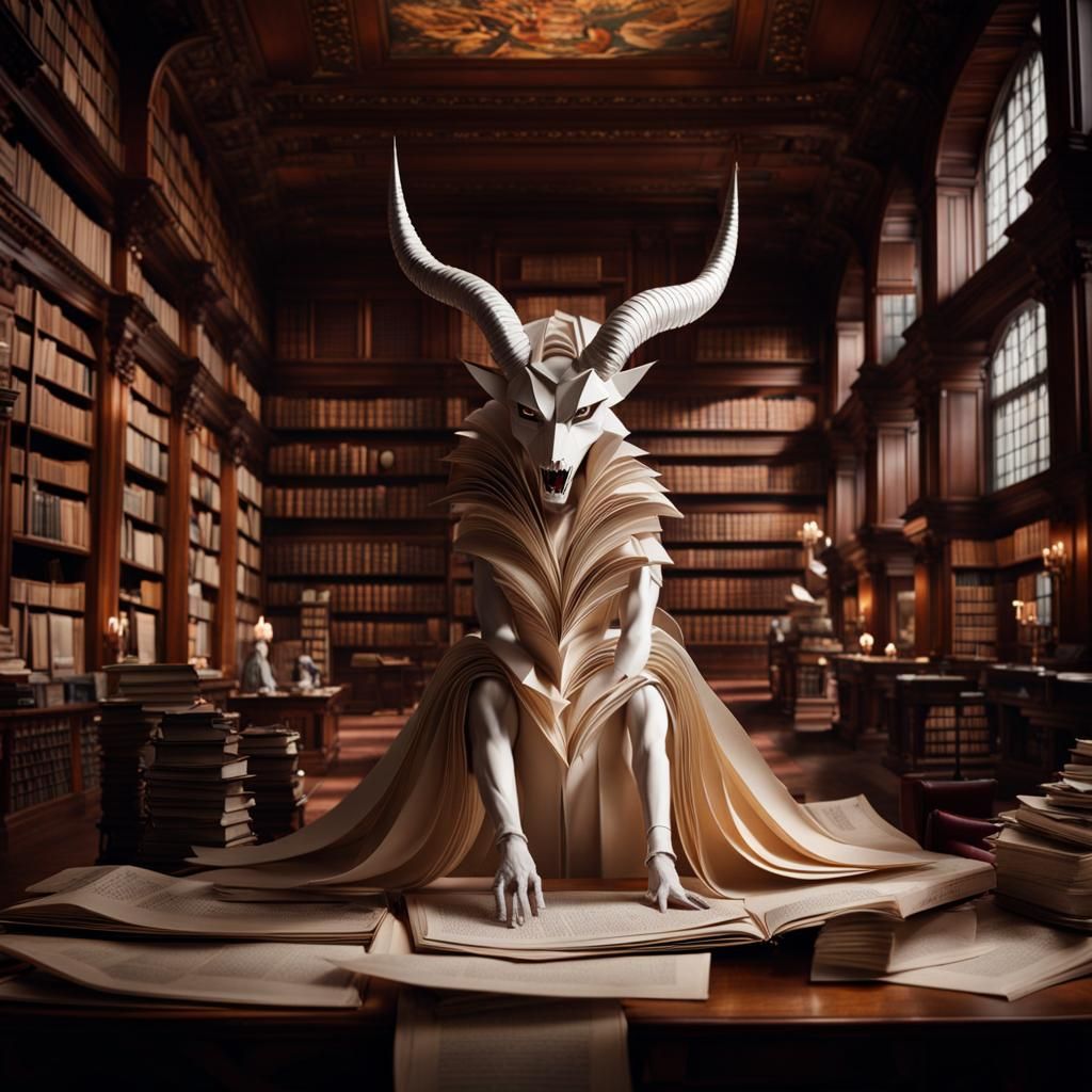 Paper Devil Amidst Library's Grandeur