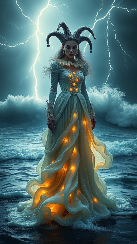 Mystical Jester Surrounded by Turbulent Sea and Elemental Fu...