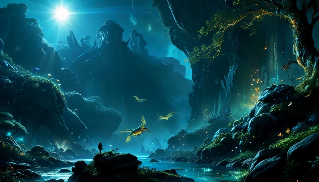 Epic Bioluminescent Fantasy Realm Unfolds at Dusk