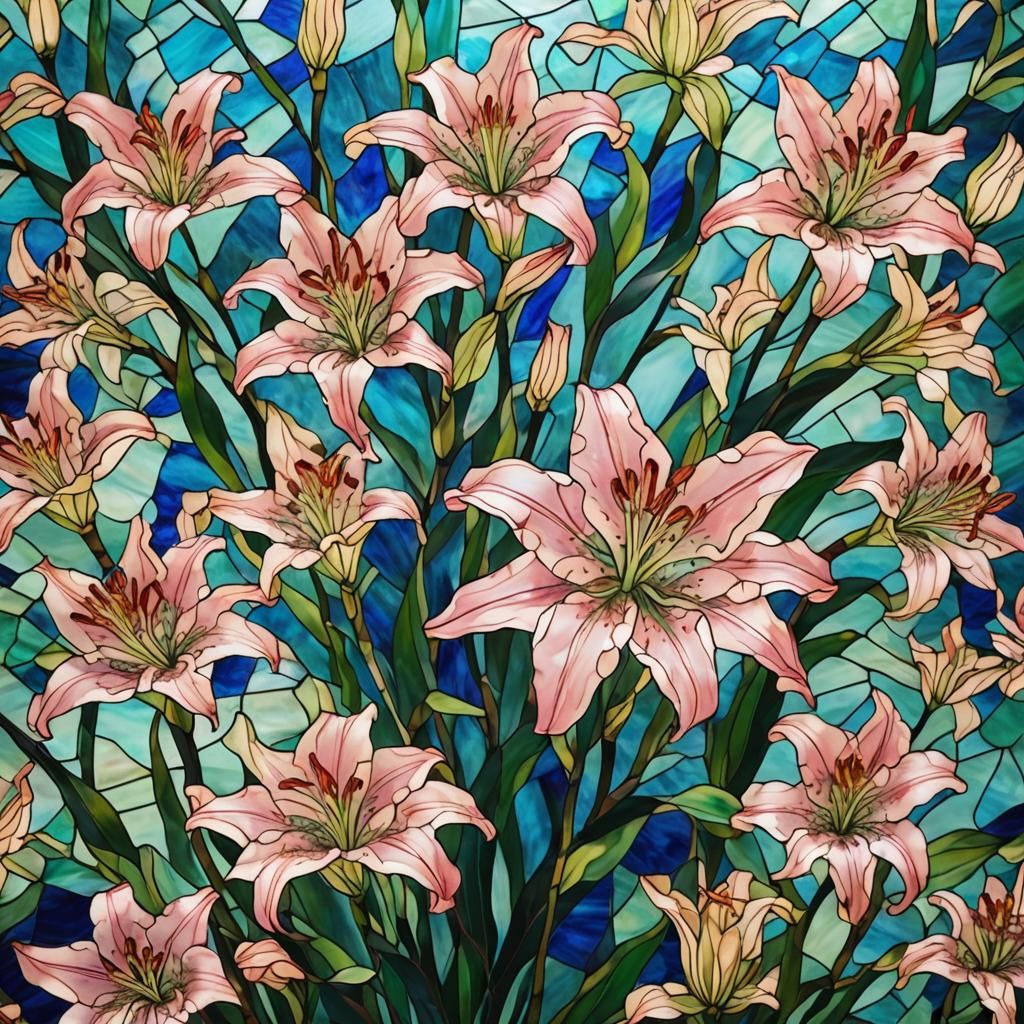 Delicate Powder Pink Lilies in Vibrant Stained Glass