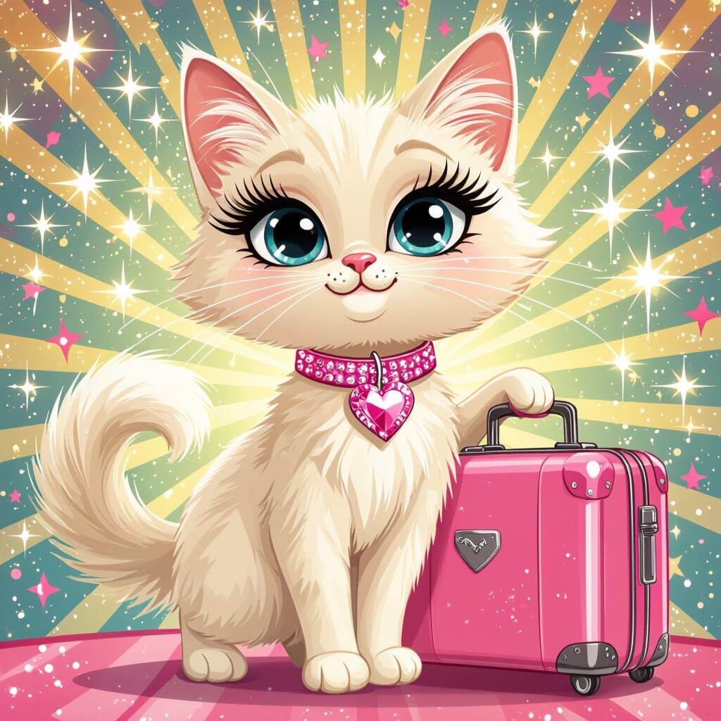 Glamorous Cartoon Cat with Pink Suitcase