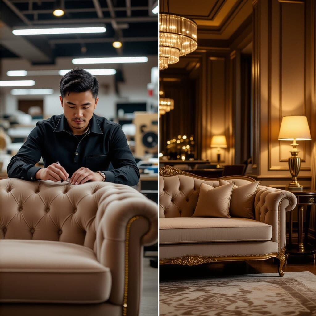 Upholsterer's Craft Meets Luxury: A Cinematic Split Scene