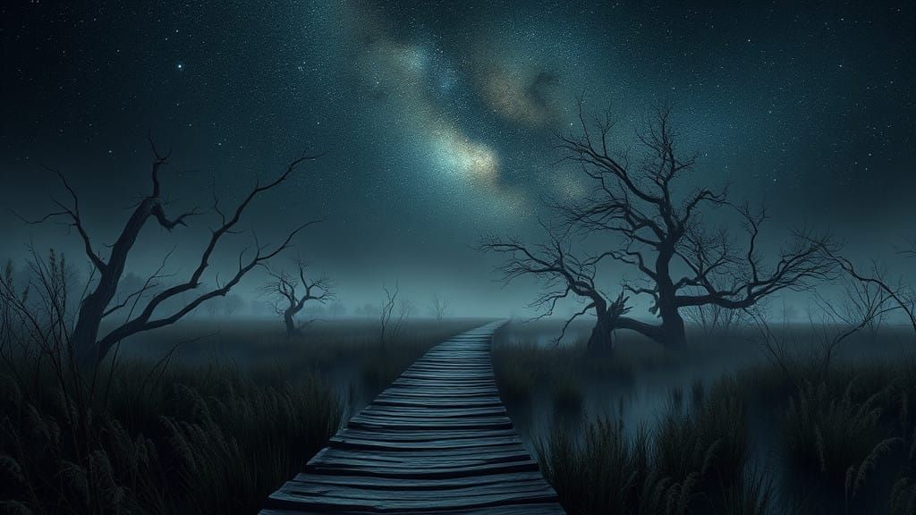 Twinkling Starlight Illuminates a Dark, Moody Marsh Landscap...