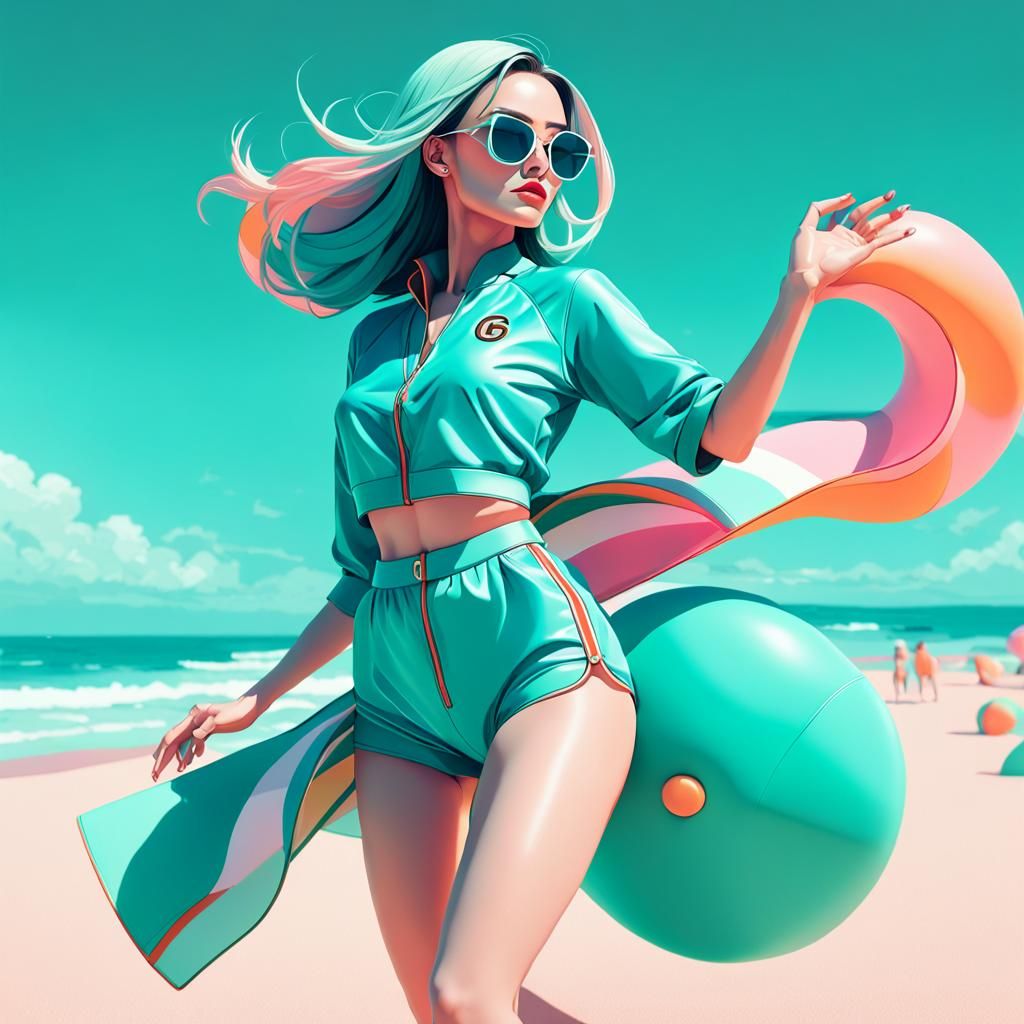 Gucci Inspired Digital Art of a Lofi Girl in Beachwear