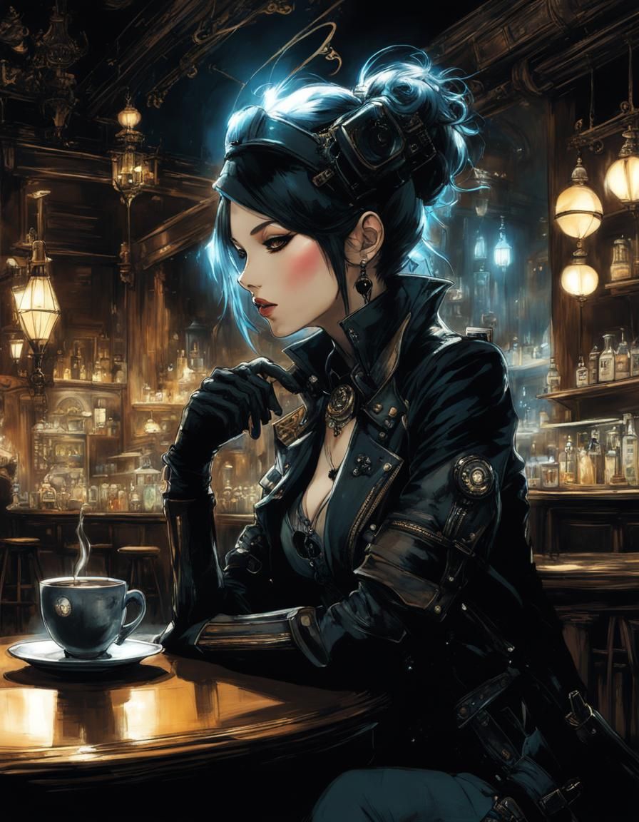 Ethereal Aetherpunk Café Scene in Digital Art