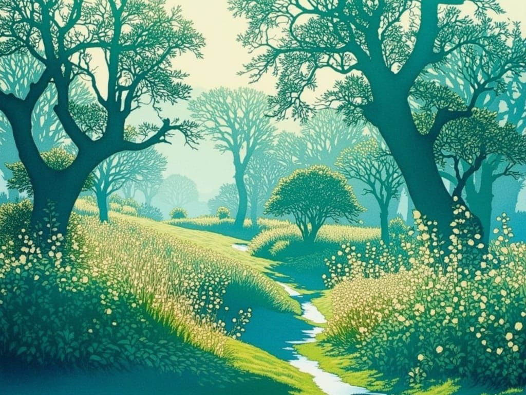 Turquoise Overgrown Garden in Watercolor Style