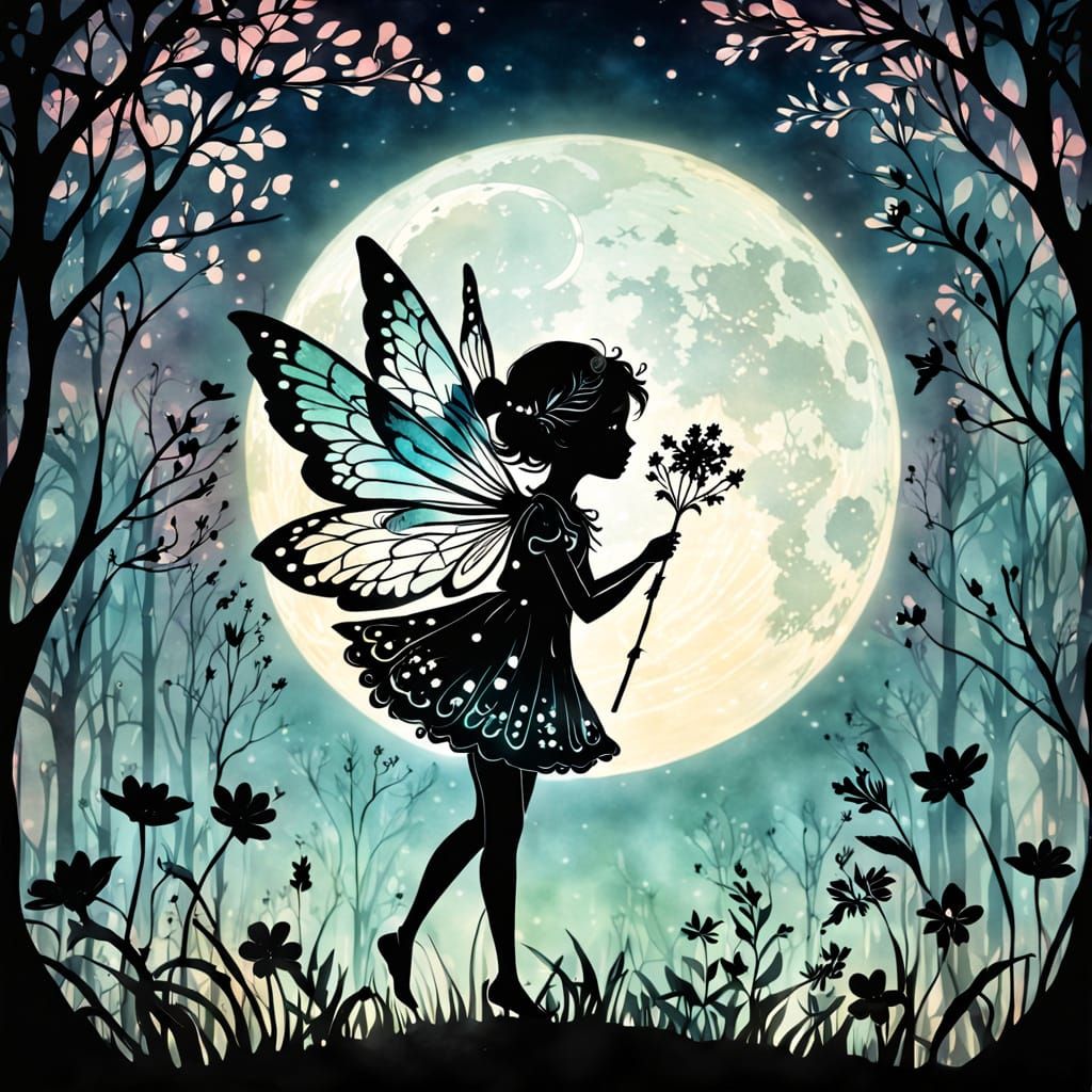 Enchanting Fairy Silhouette in Moonlit Forest
