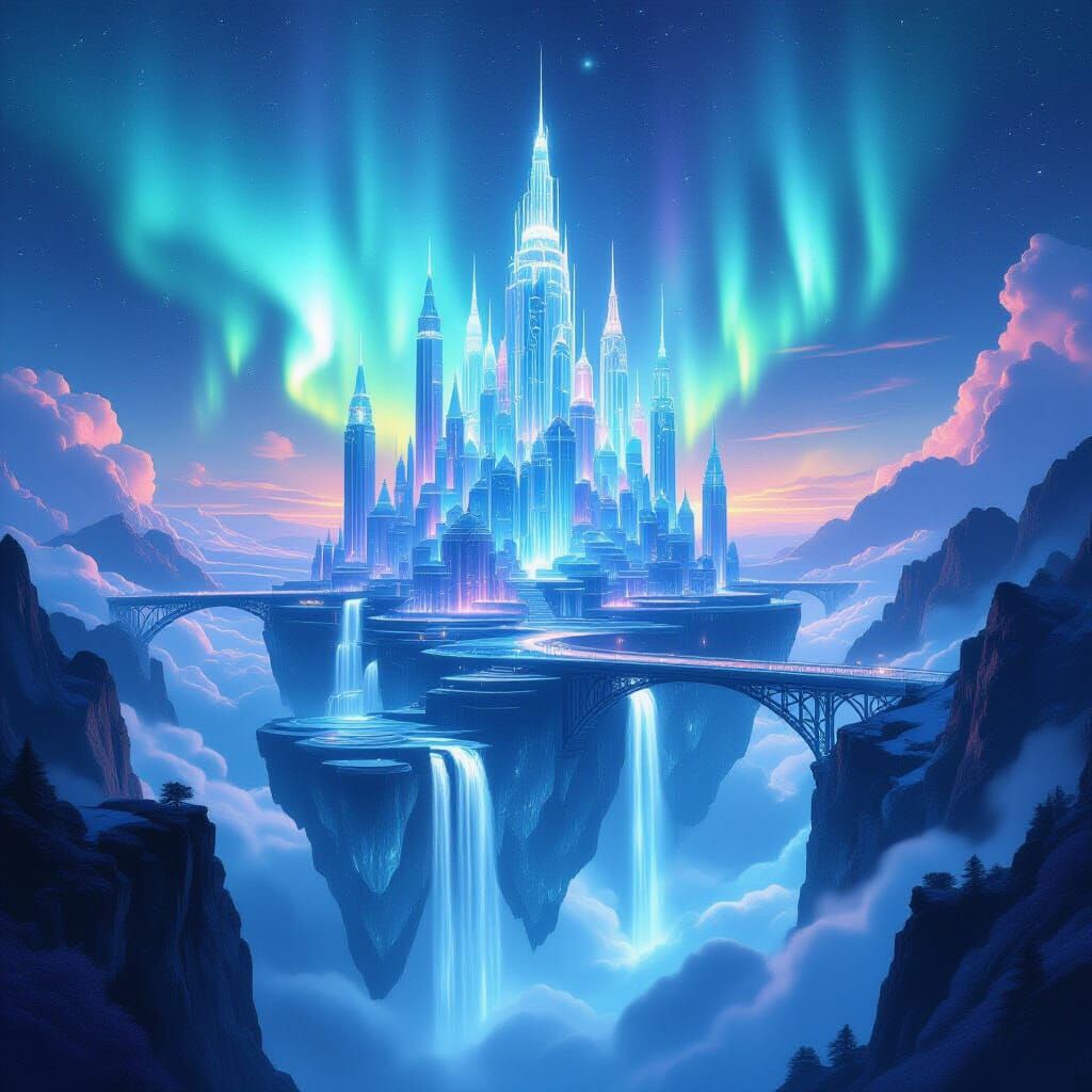 Ethereal Crystalline City in Aurora Borealis