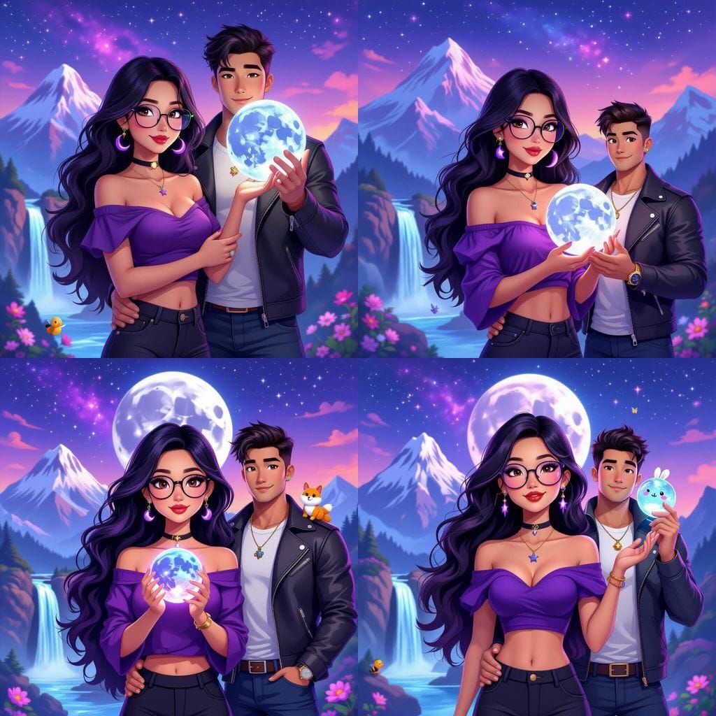 Animated Asian Woman Offered the Moon in Galaxy Scene