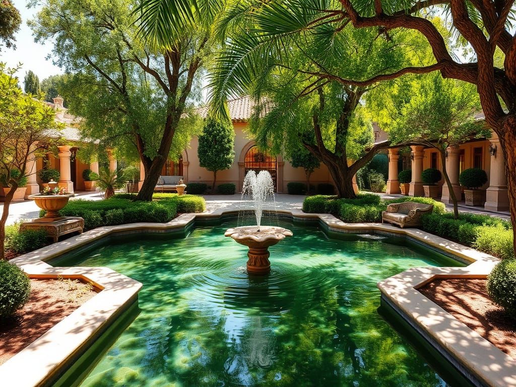 Andalusian Garden with Fountains and Shady Trees