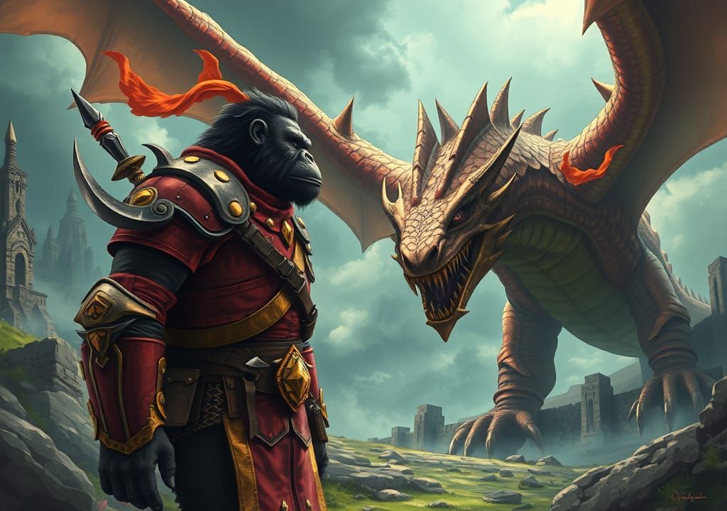 Gorilla Knight Faces Fiery Wyvern in Ancient Ruins