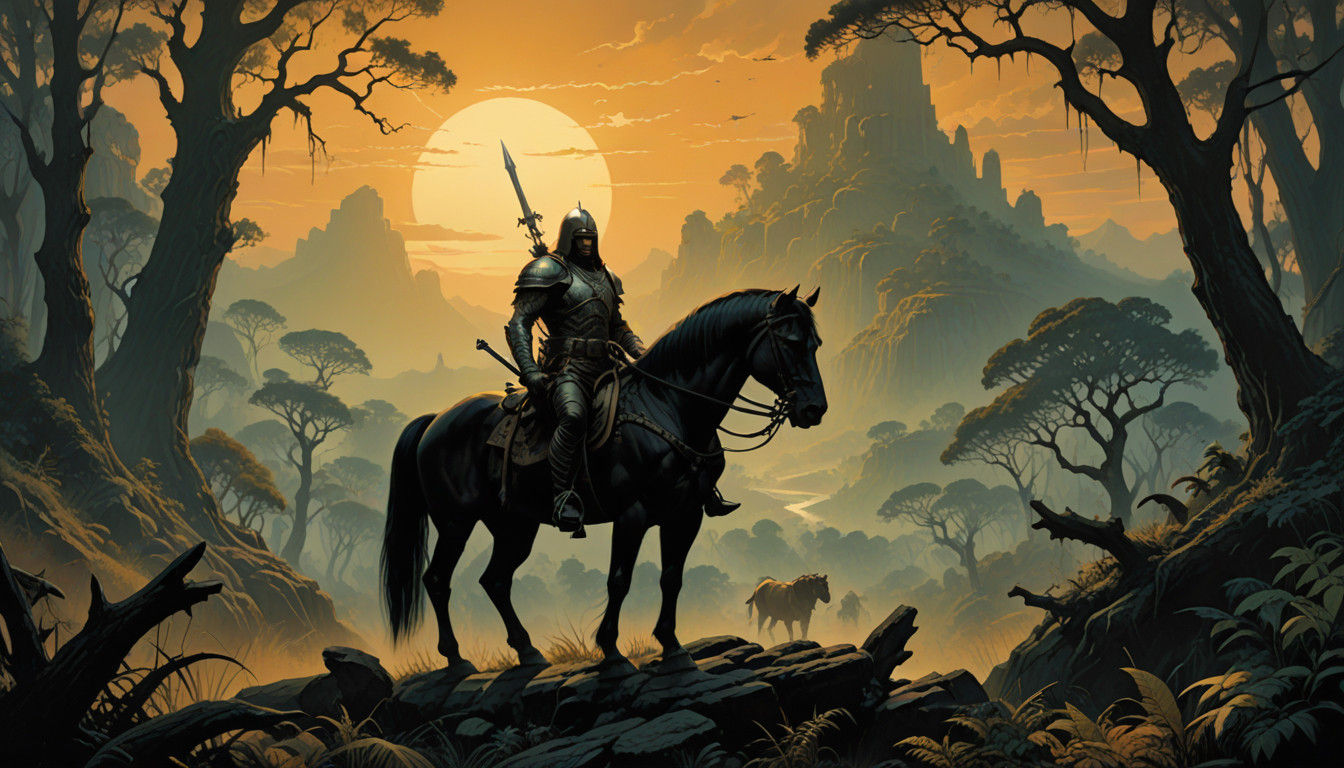 Elegant Warrior Stands at the Edge of a Lush Mystic Land