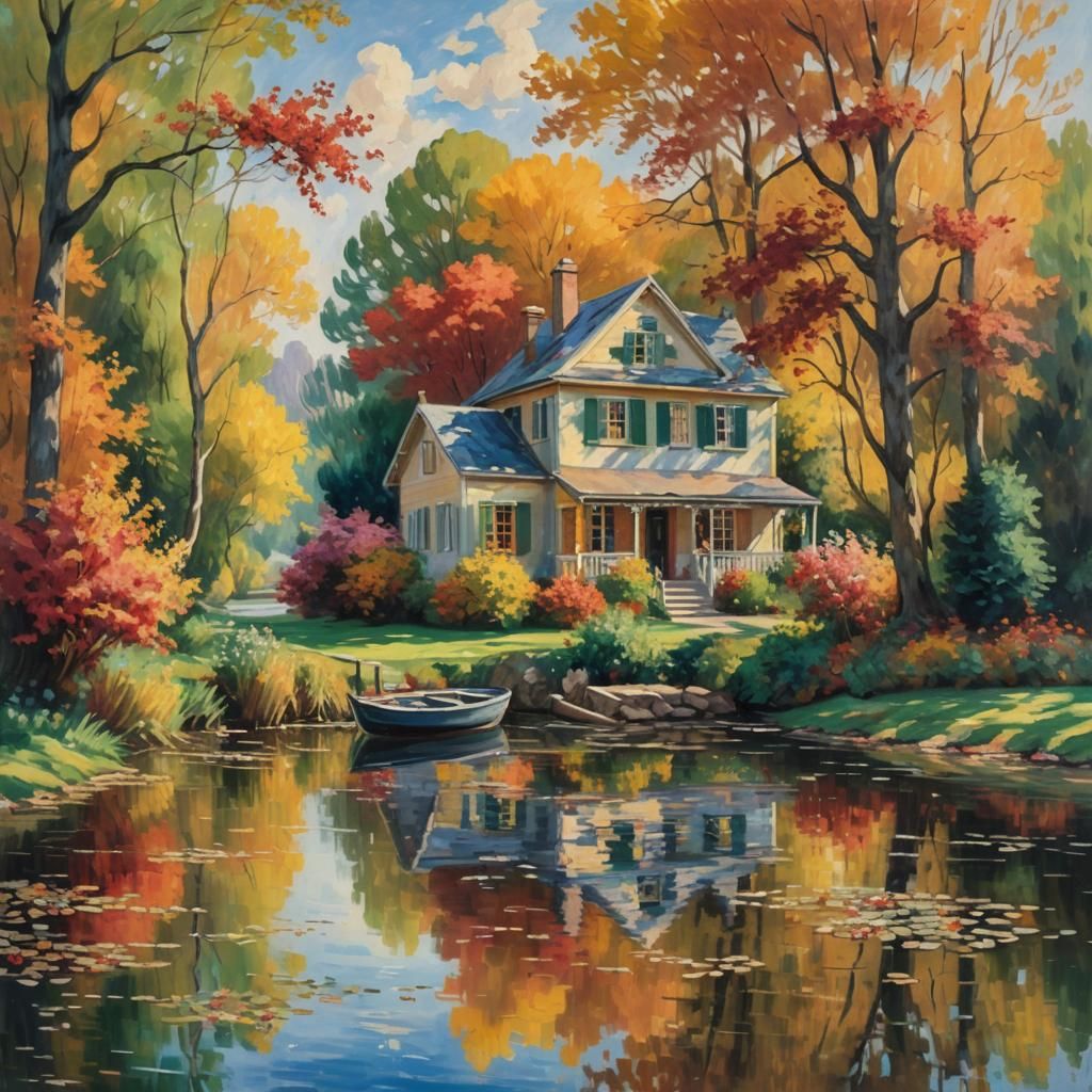 Vibrant Impressionist Quaint House by a Tranquil River
