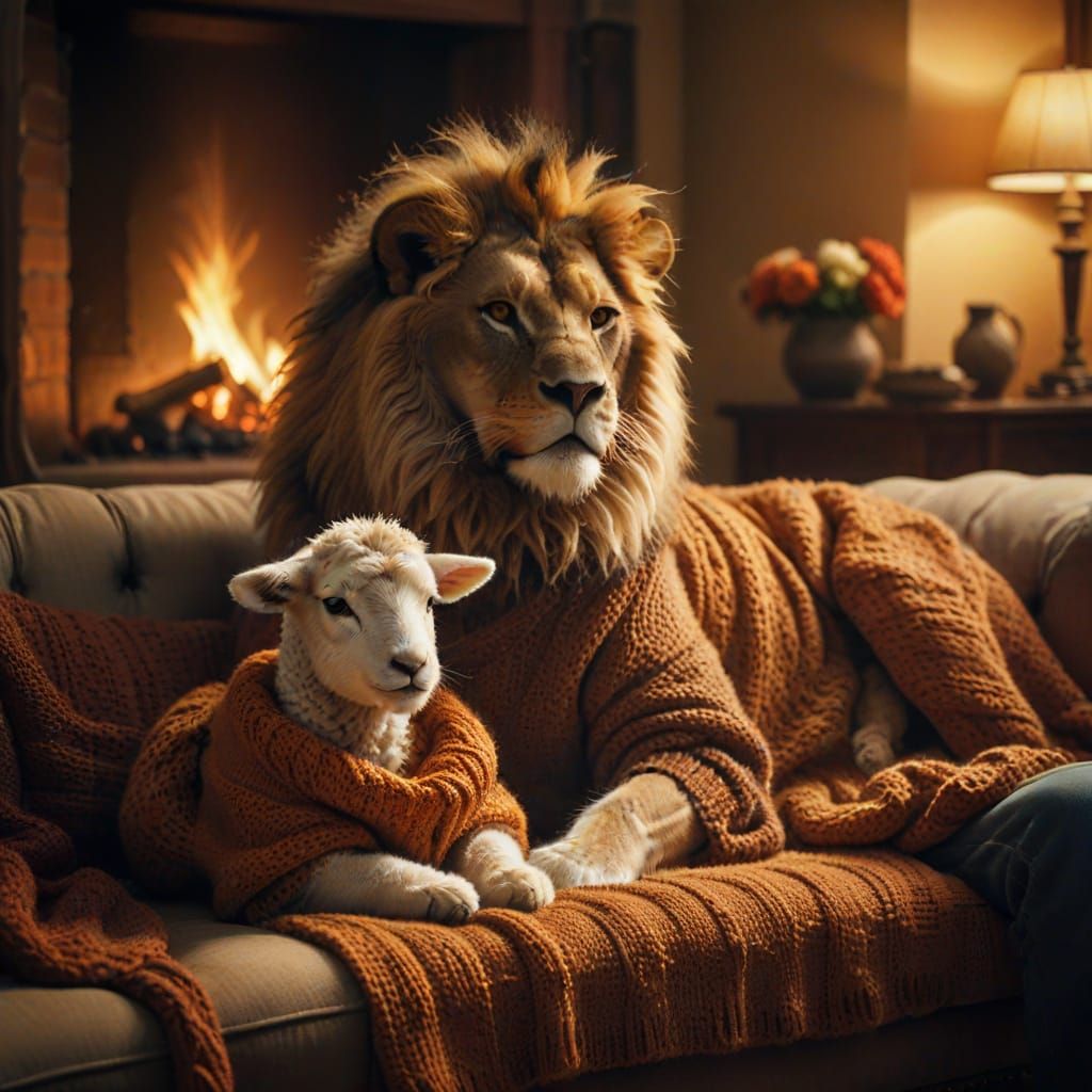 Lion and Lamb Knitting by Fireplace in Cozy Living Room