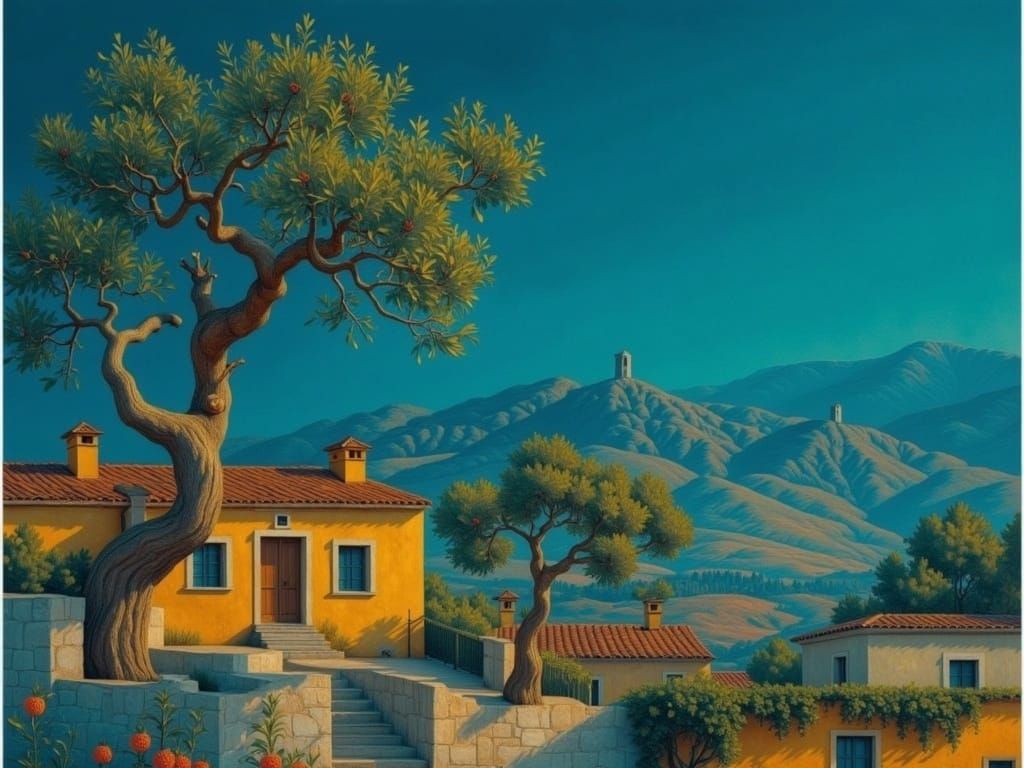Ancient Olive Tree in Mediterranean Landscape