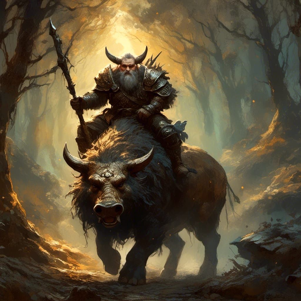 Fantasy Dwarf Riding War Boar in Dark Forest