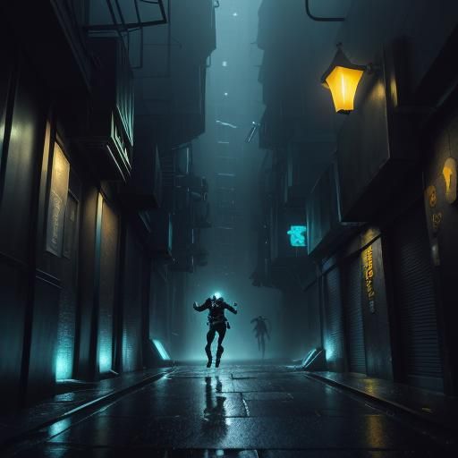 Cyberpunk Runner in Rainy Alleyway