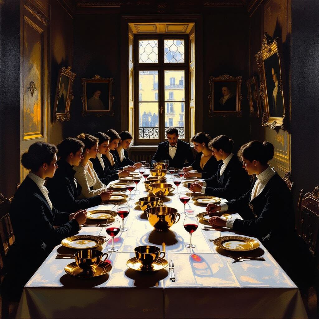 Golden Feast Reflecting Empty Halls in Modigliani-Caravaggio...