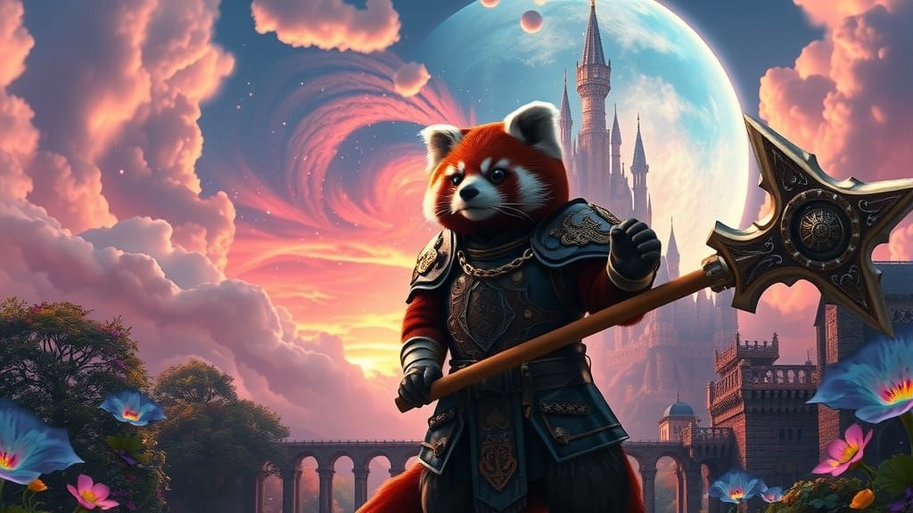 Red Panda Warrior with Axe Before Castle, Fantasy Digital Ar...