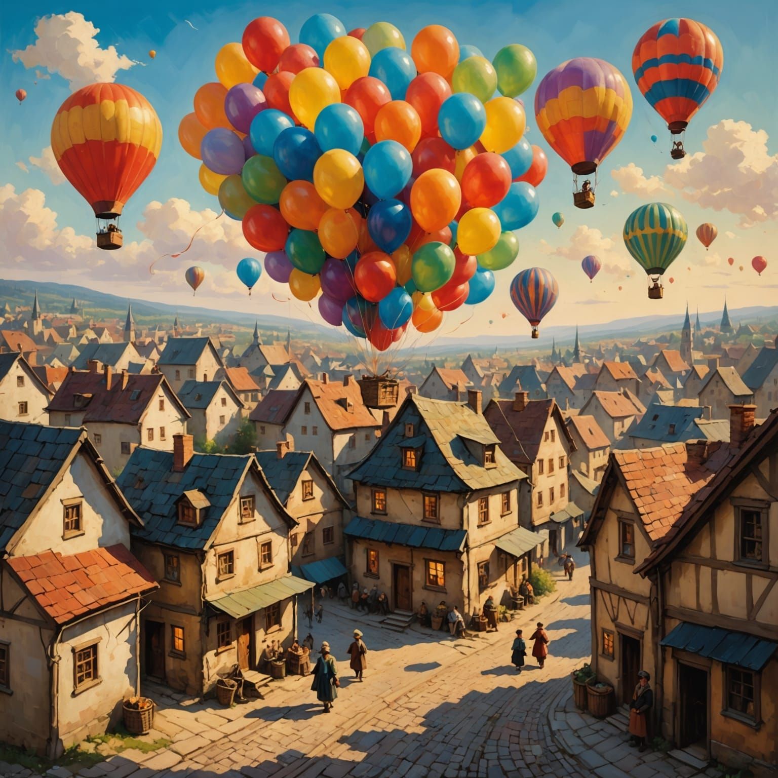 Whimsical Shtetl Ascends: Nostalgic Oil Painting of Floating...