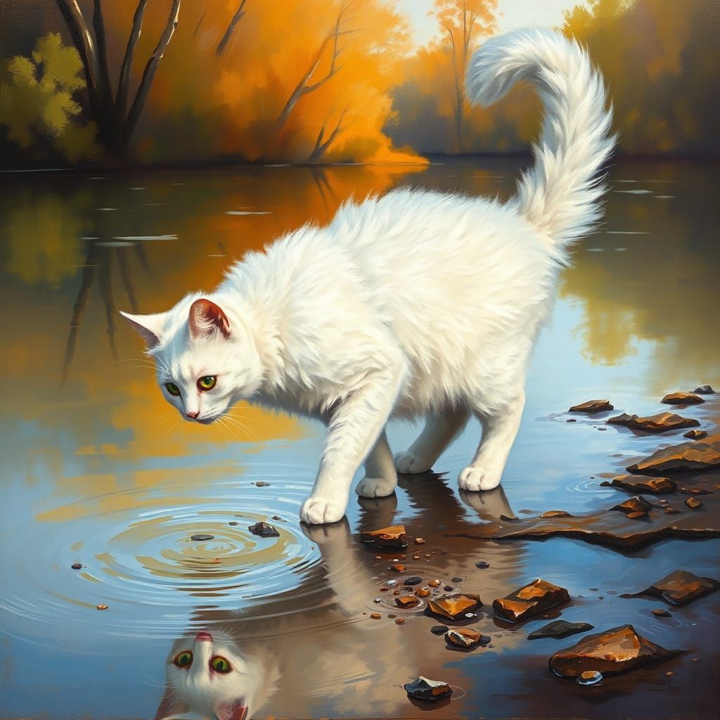 Majestic White Cat Contemplates Reflections by Serene River