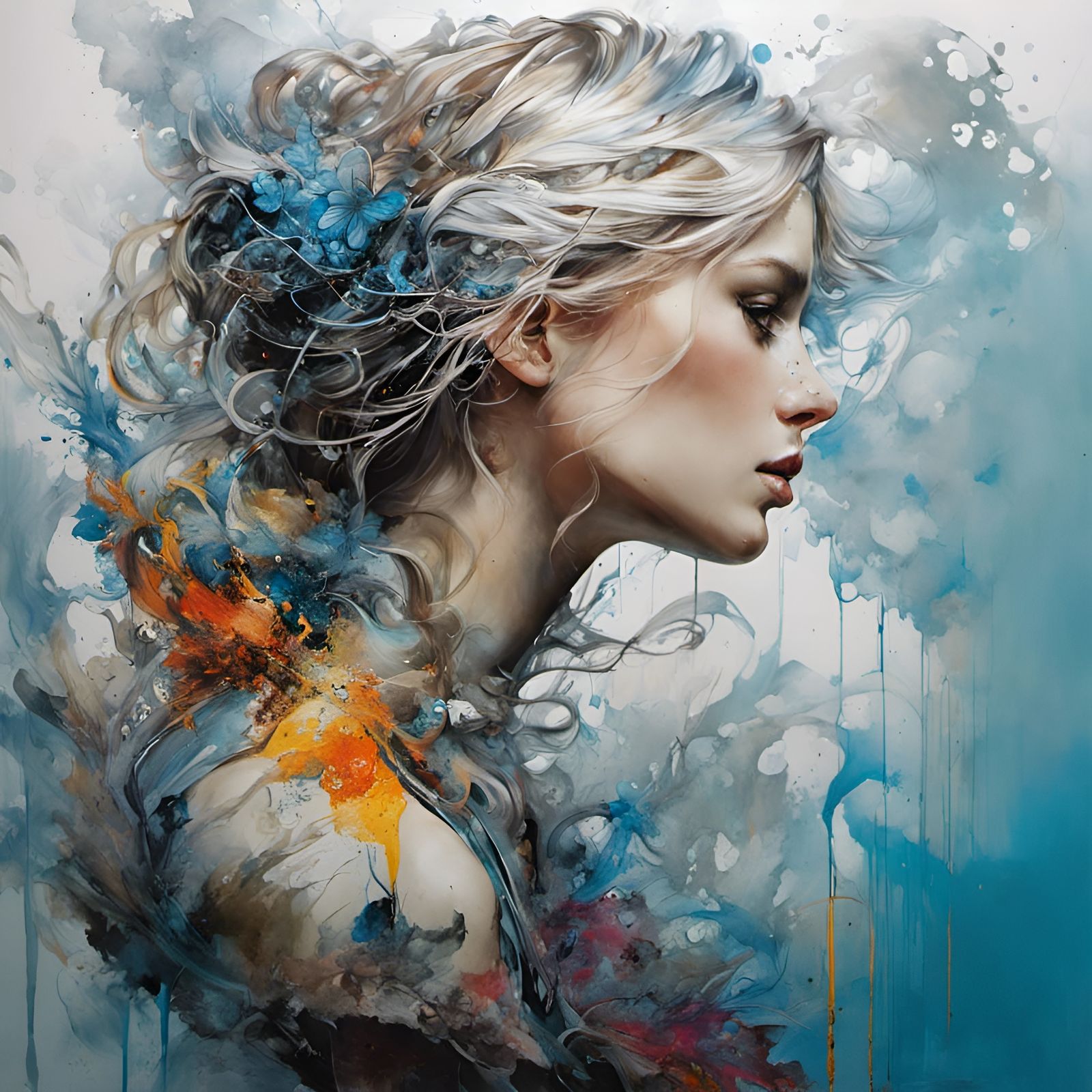 Elegant, Expansive Photorealistic Portrait in Vibrant Ink Fl...