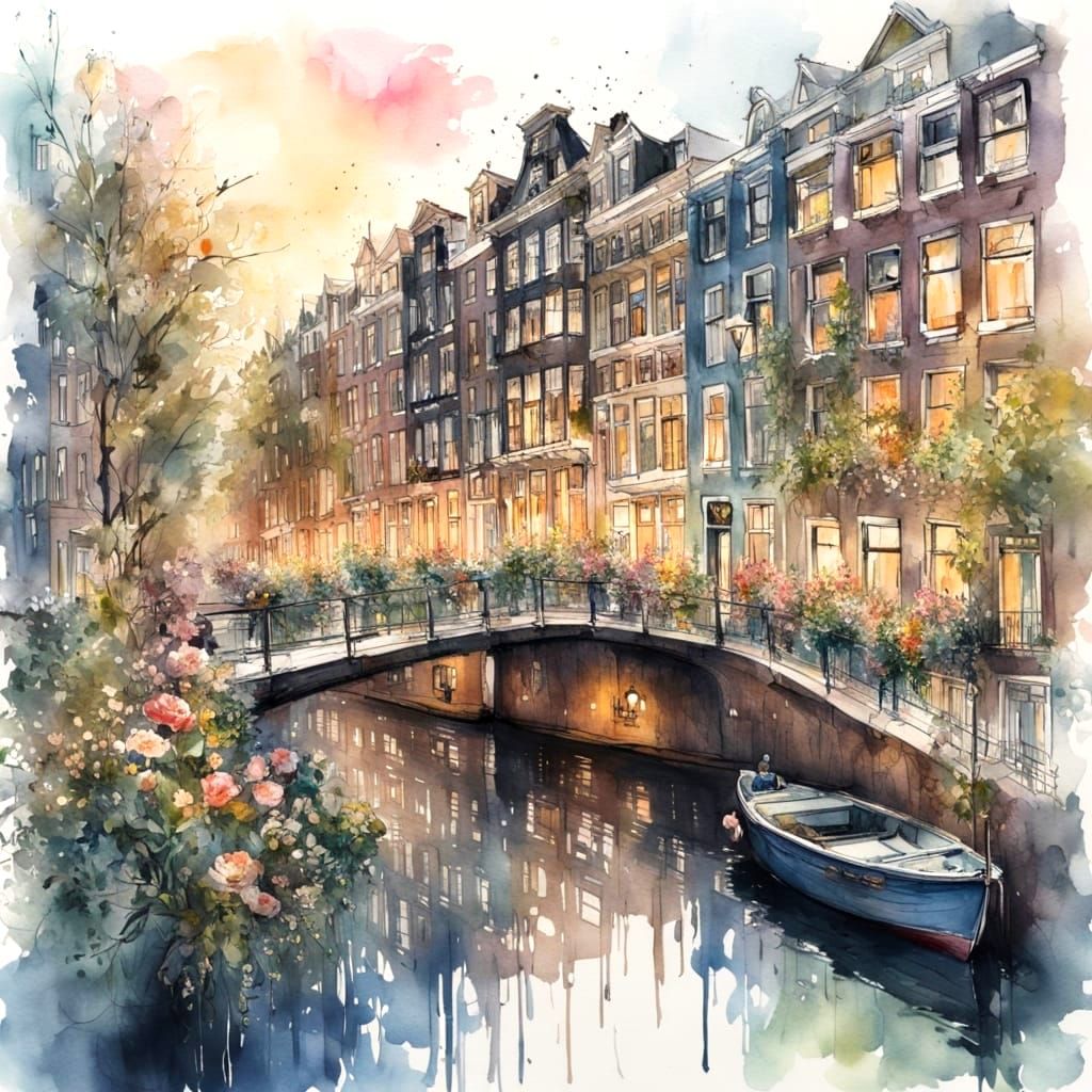 Amsterdam Canal at Dawn: Watercolour Fantasy