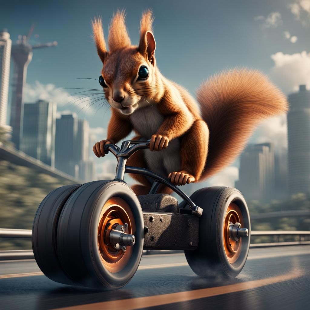 Fantastical Squirrel Rides Big Wheels on Futuristic Freeway