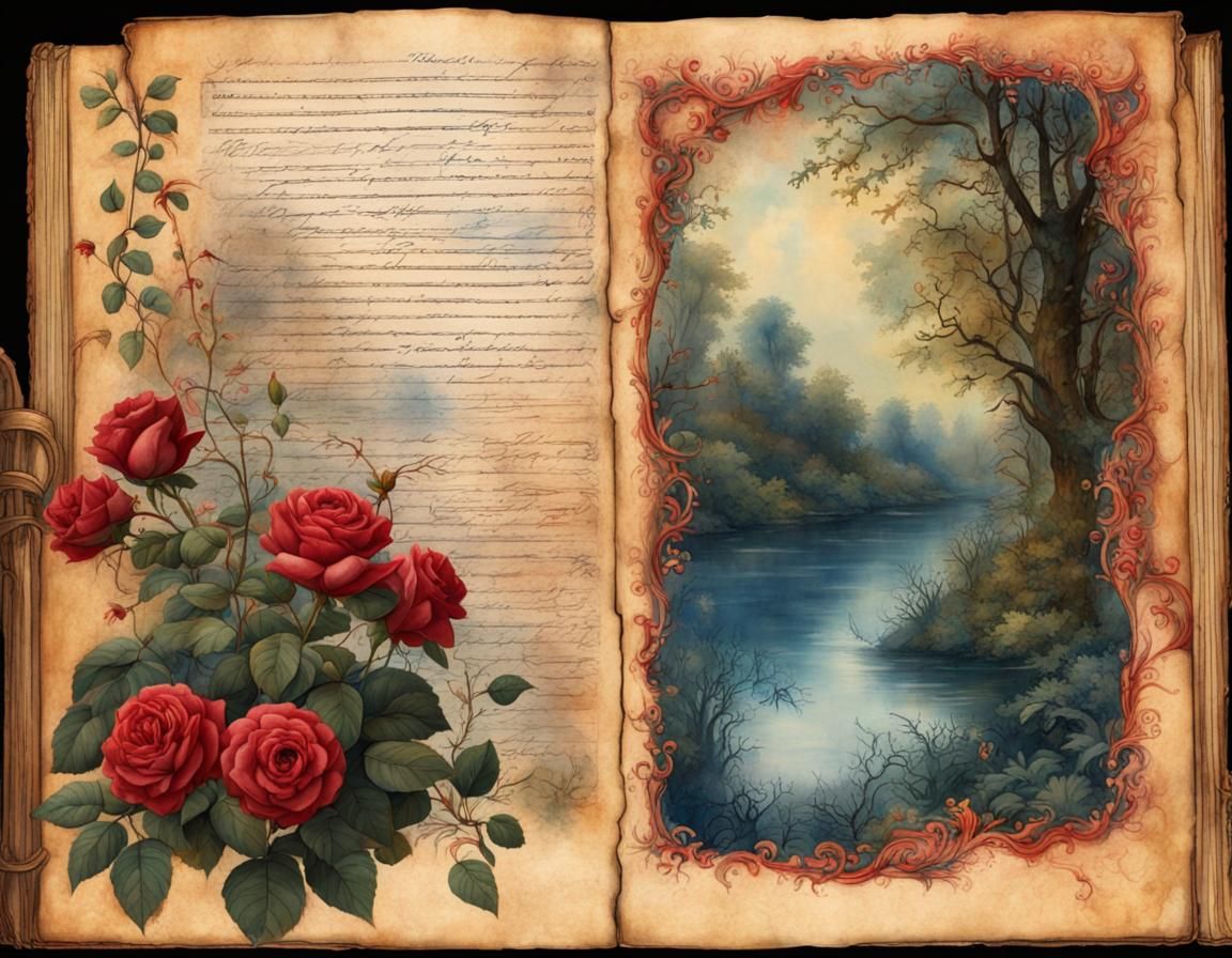 Elegant Vintage Journal Page with Enchanted Garden and River